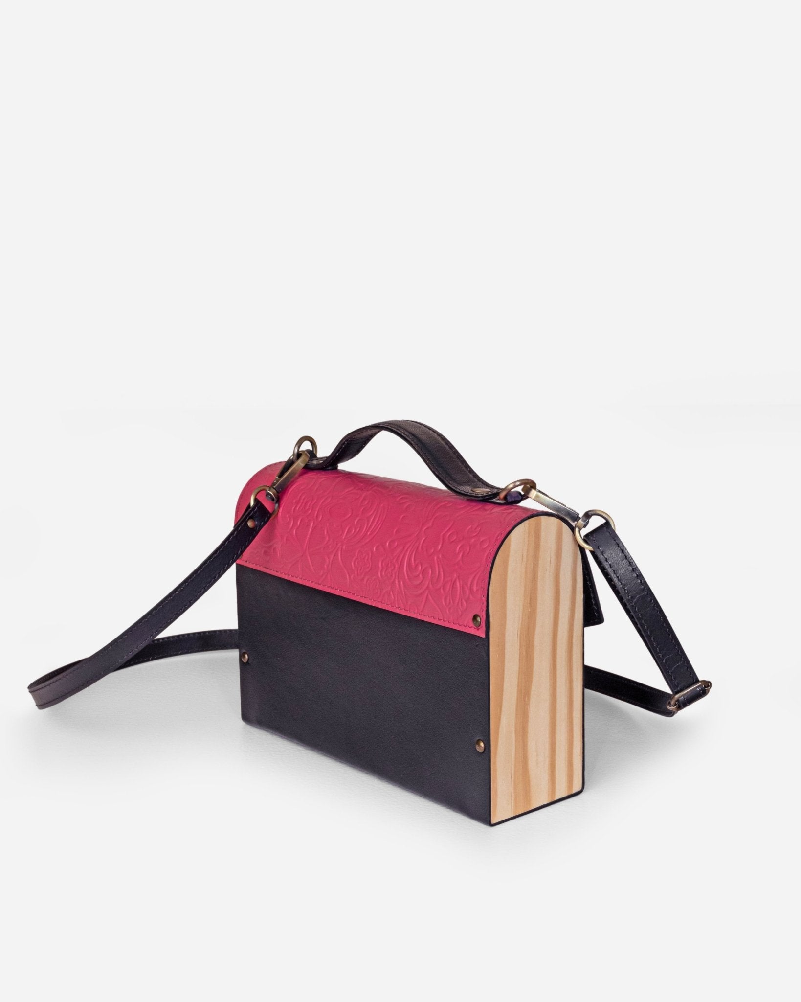 Pink And Black Embossed Leather Crossbody Bag - Che Cose Belle