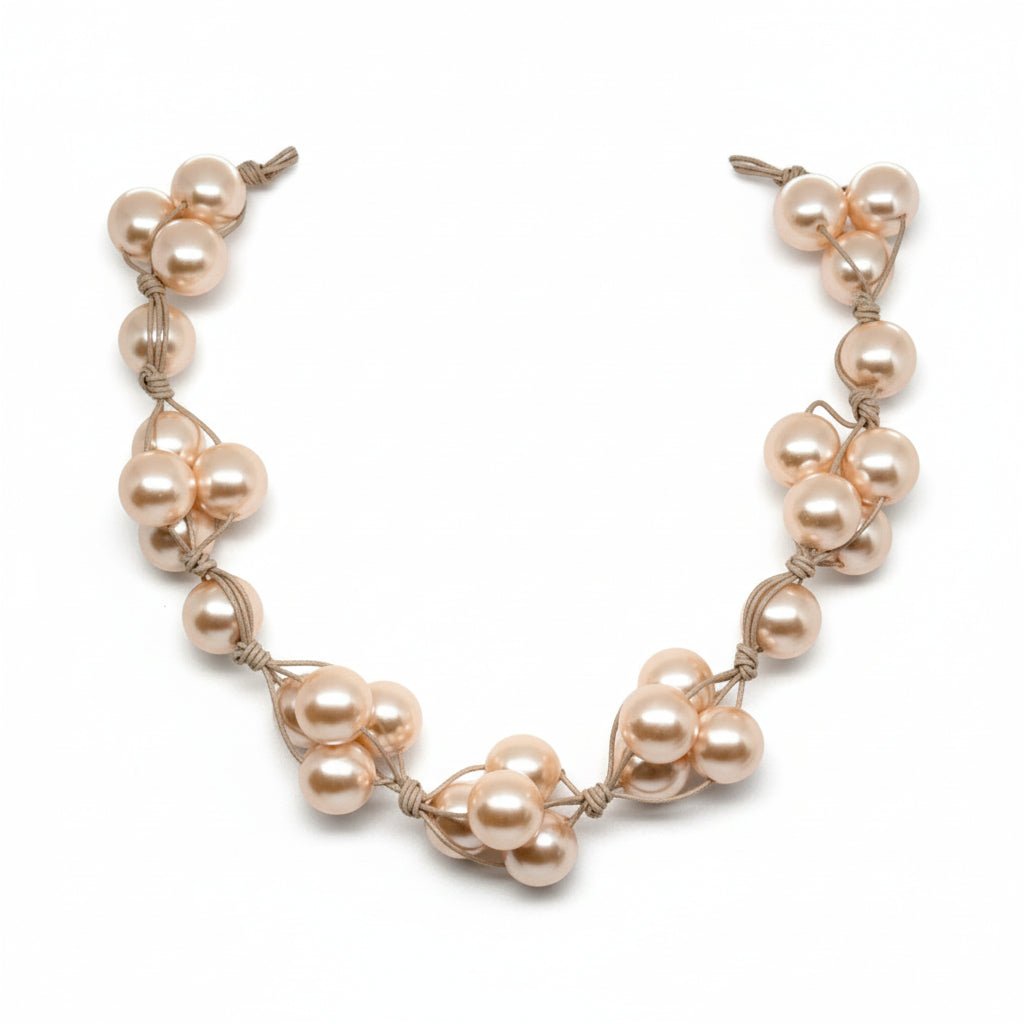Pink Glass Pearls and Natural Leather Woven Necklace - Che Cose Belle