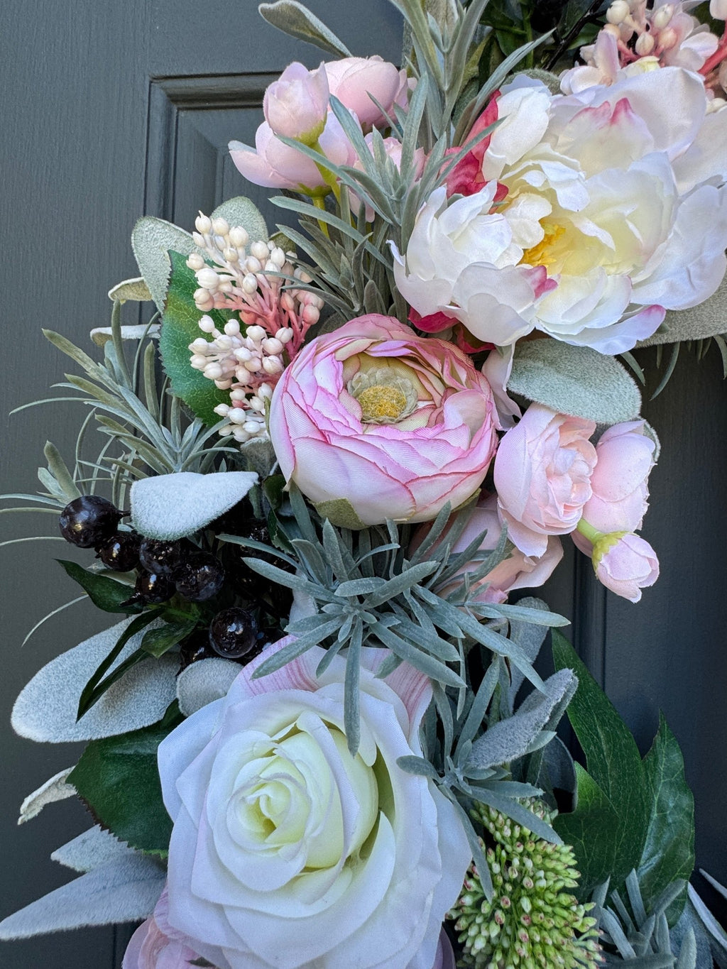 Pink Peony Rose and Ranunculus Spring Wreath with Black and White Ribbon - Che Cose Belle
