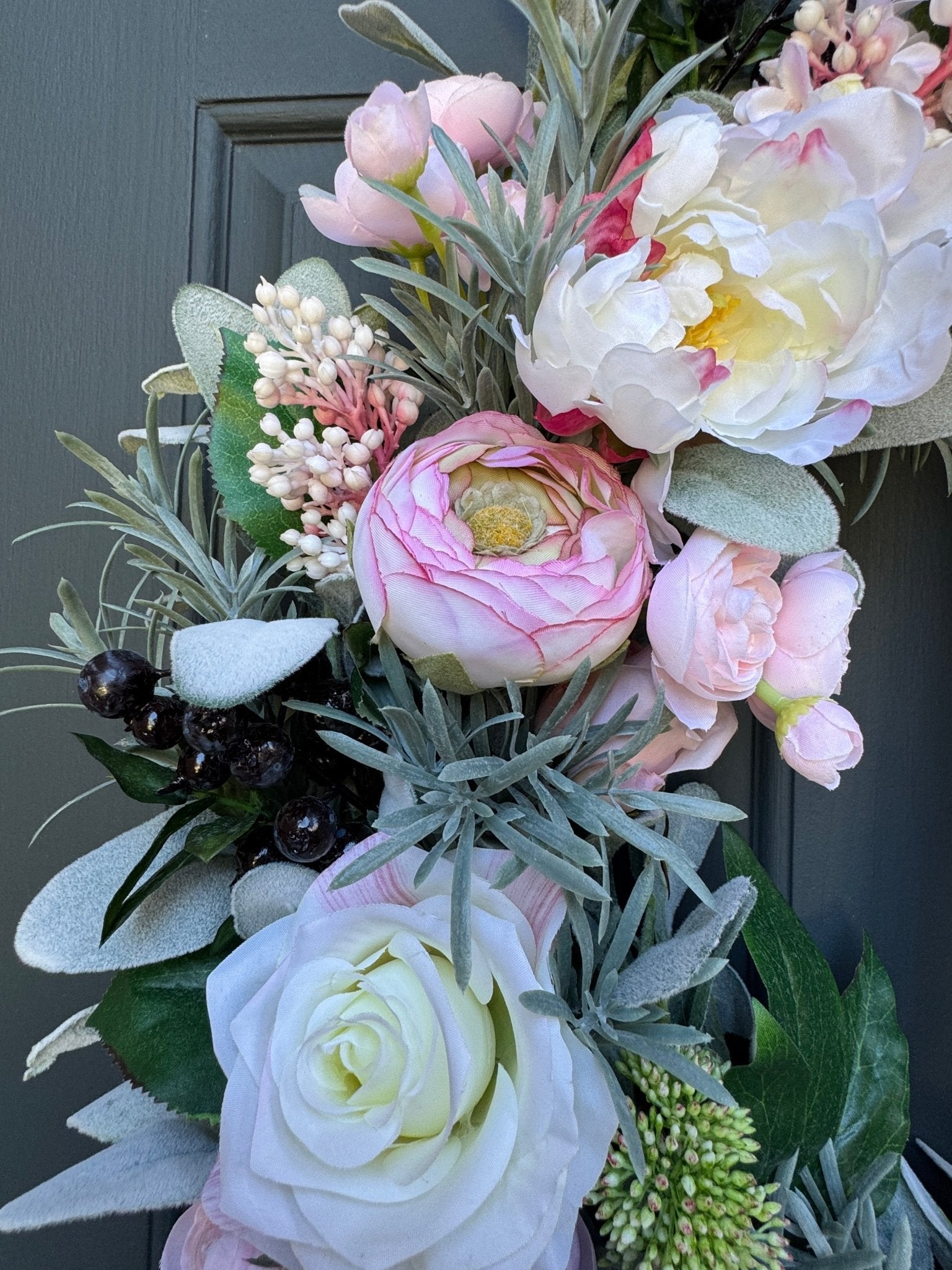 Pink Peony Rose and Ranunculus Spring Wreath with Black and White Ribbon - Che Cose Belle