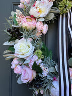 Pink Peony Rose and Ranunculus Spring Wreath with Black and White Ribbon - Che Cose Belle
