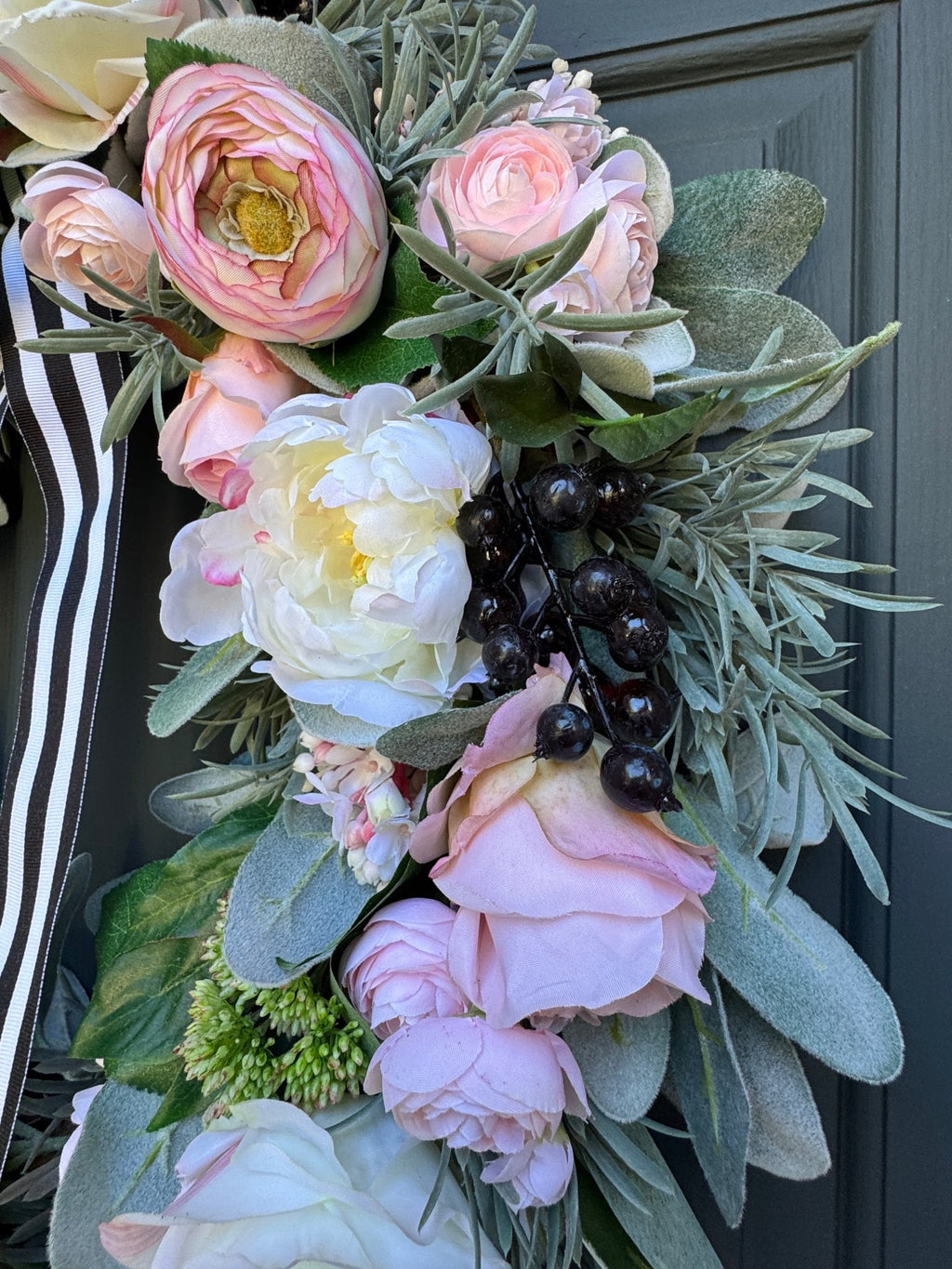 Pink Peony Rose and Ranunculus Spring Wreath with Black and White Ribbon - Che Cose Belle