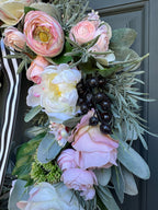 Pink Peony Rose and Ranunculus Spring Wreath with Black and White Ribbon - Che Cose Belle