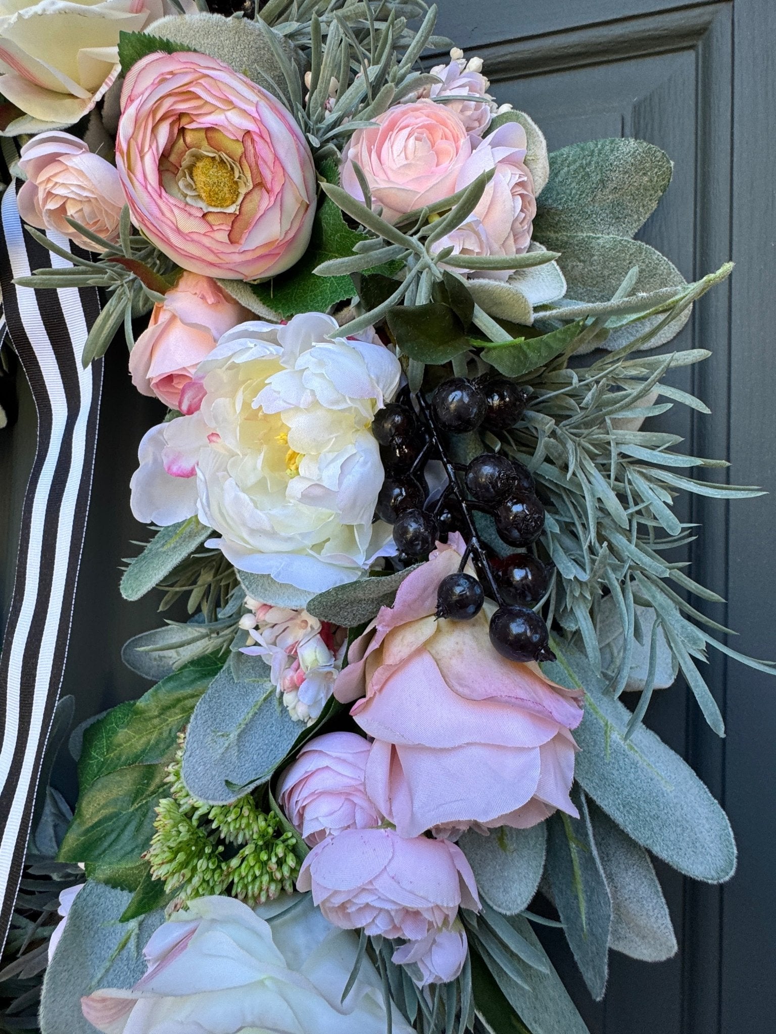 Pink Peony Rose and Ranunculus Spring Wreath with Black and White Ribbon - Che Cose Belle