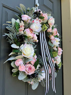 Pink Peony Rose and Ranunculus Spring Wreath with Black and White Ribbon - Che Cose Belle