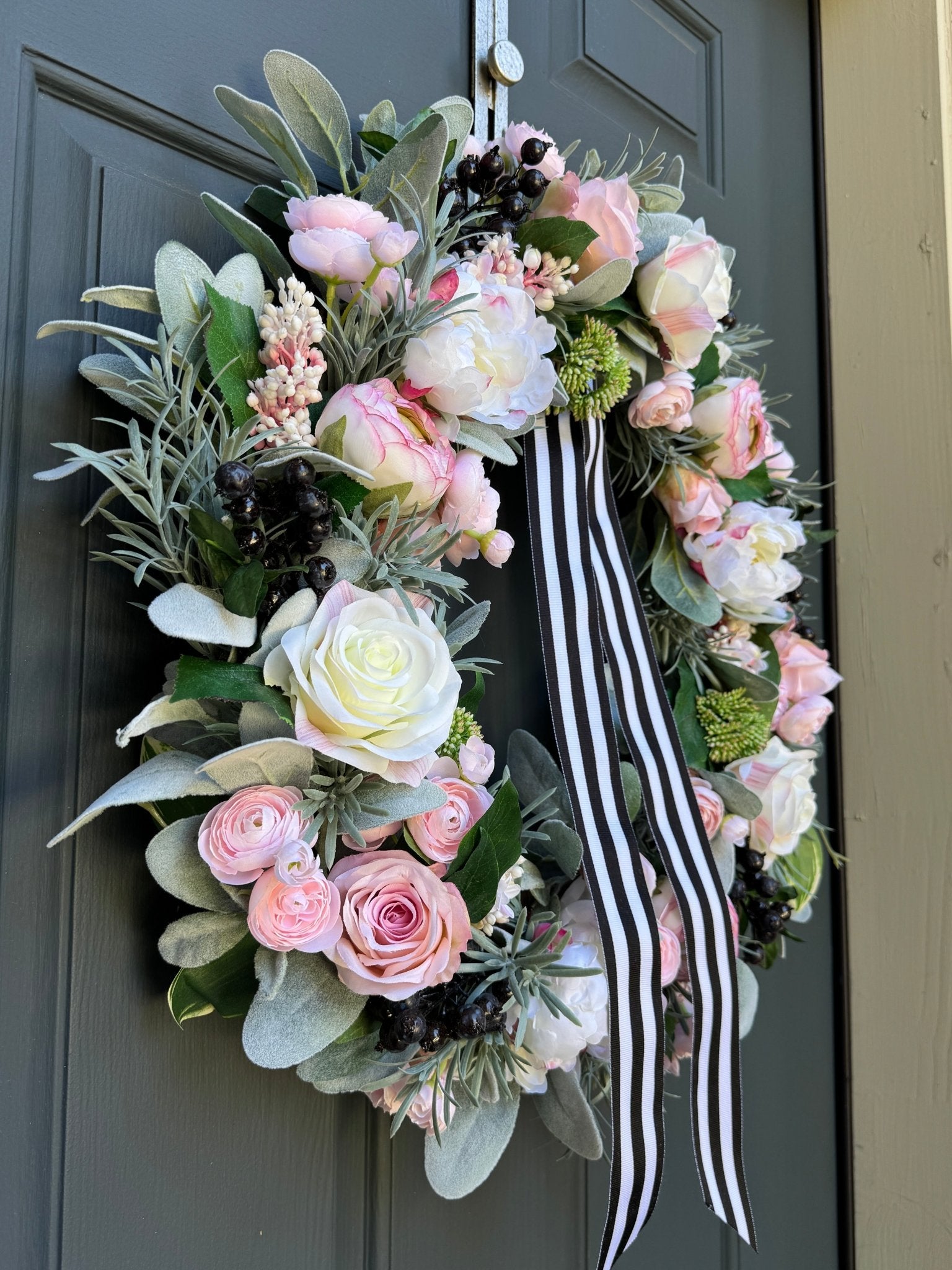 Pink Peony Rose and Ranunculus Spring Wreath with Black and White Ribbon - Che Cose Belle