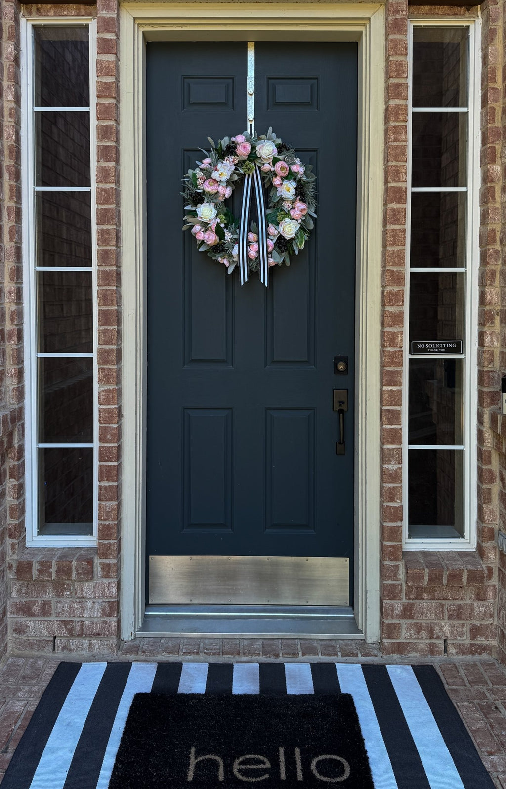Pink Peony Rose and Ranunculus Spring Wreath with Black and White Ribbon - Che Cose Belle