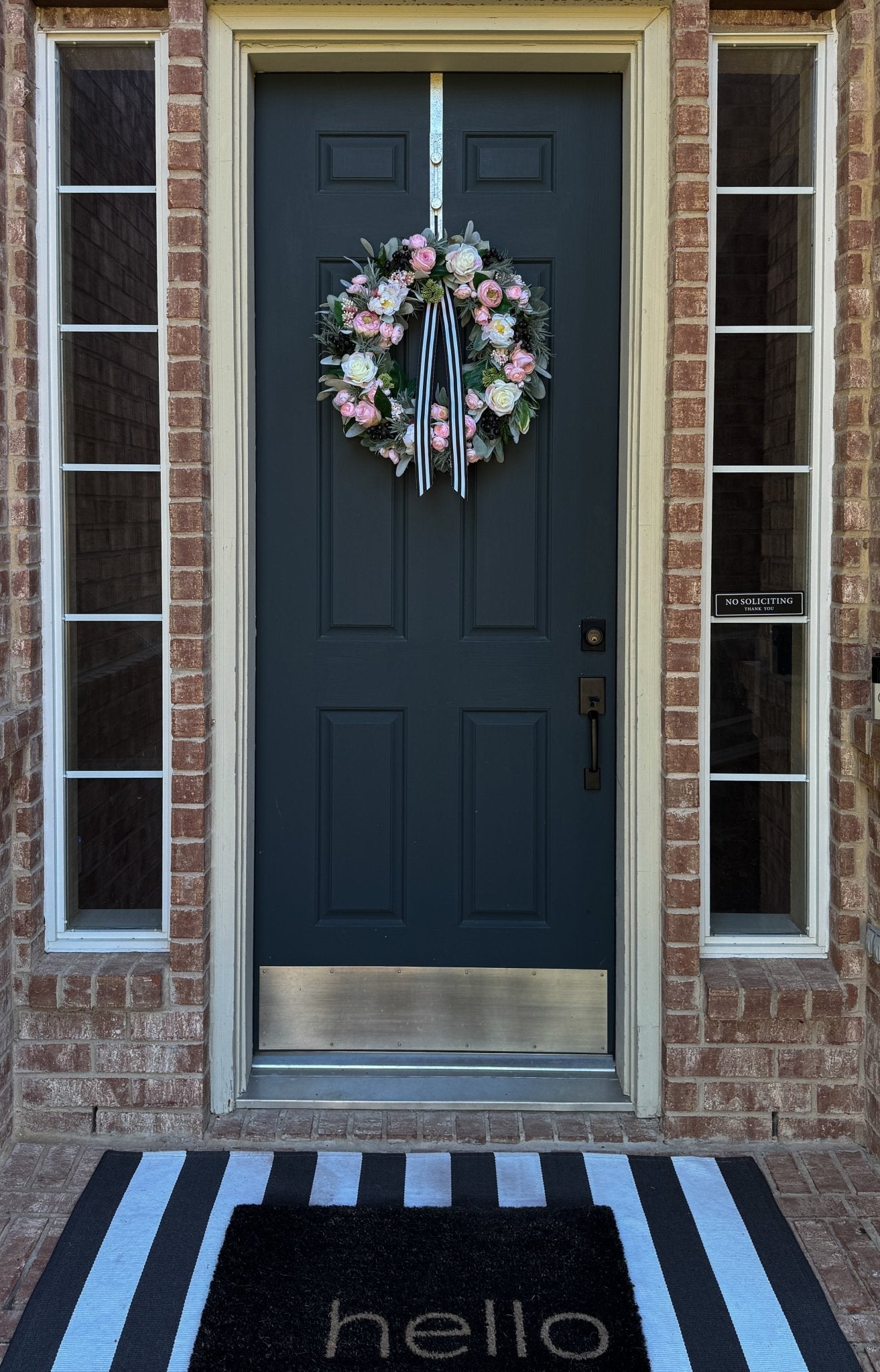Pink Peony Rose and Ranunculus Spring Wreath with Black and White Ribbon - Che Cose Belle