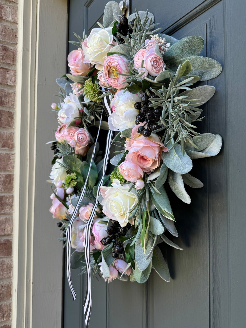 Pink Peony Rose and Ranunculus Spring Wreath with Black and White Ribbon - Che Cose Belle