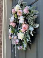 Pink Peony Rose and Ranunculus Spring Wreath with Black and White Ribbon - Che Cose Belle