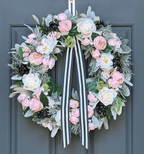 Pink Peony Rose and Ranunculus Spring Wreath with Black and White Ribbon - Che Cose Belle