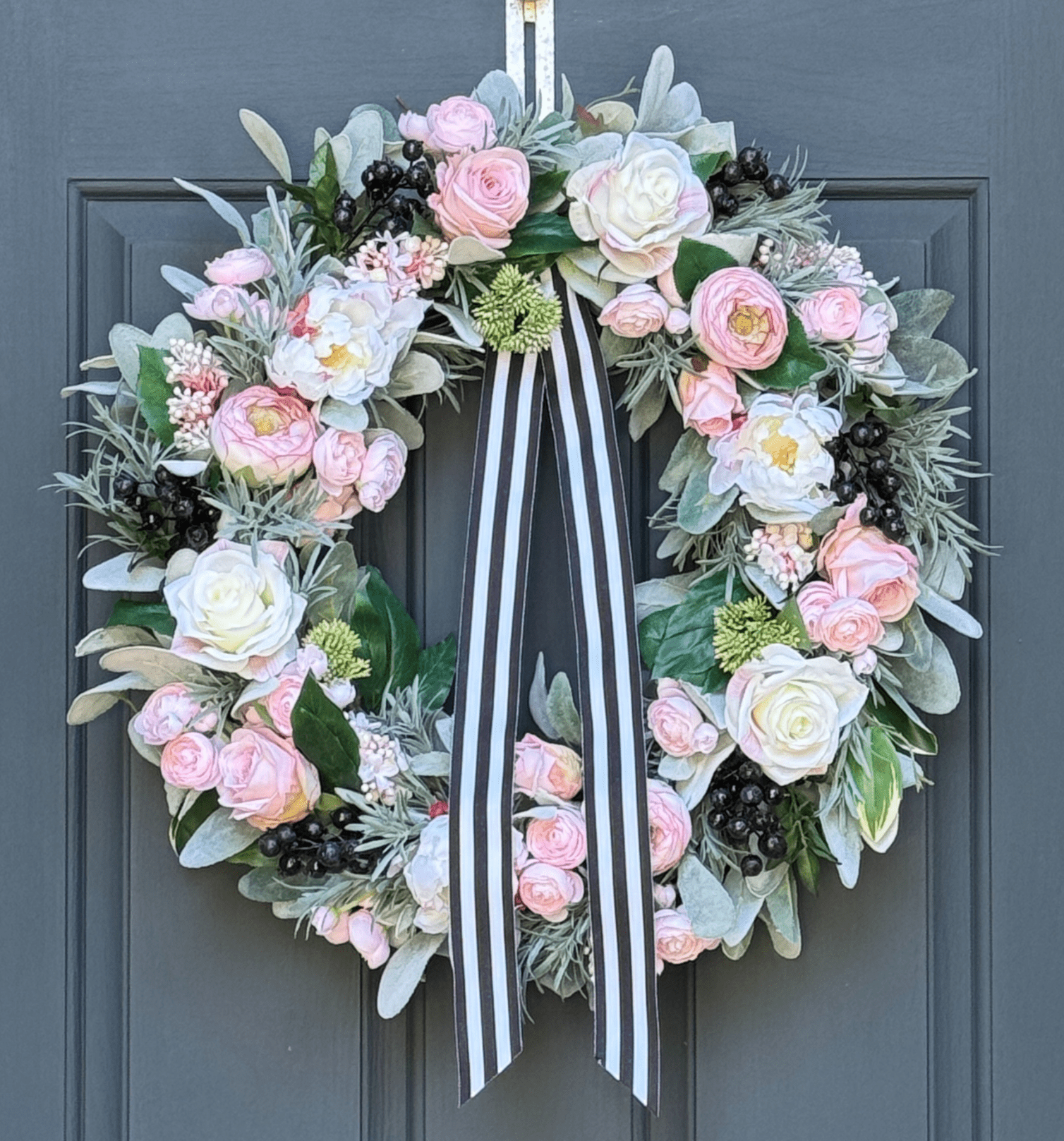 Pink Peony Rose and Ranunculus Spring Wreath with Black and White Ribbon - Che Cose Belle