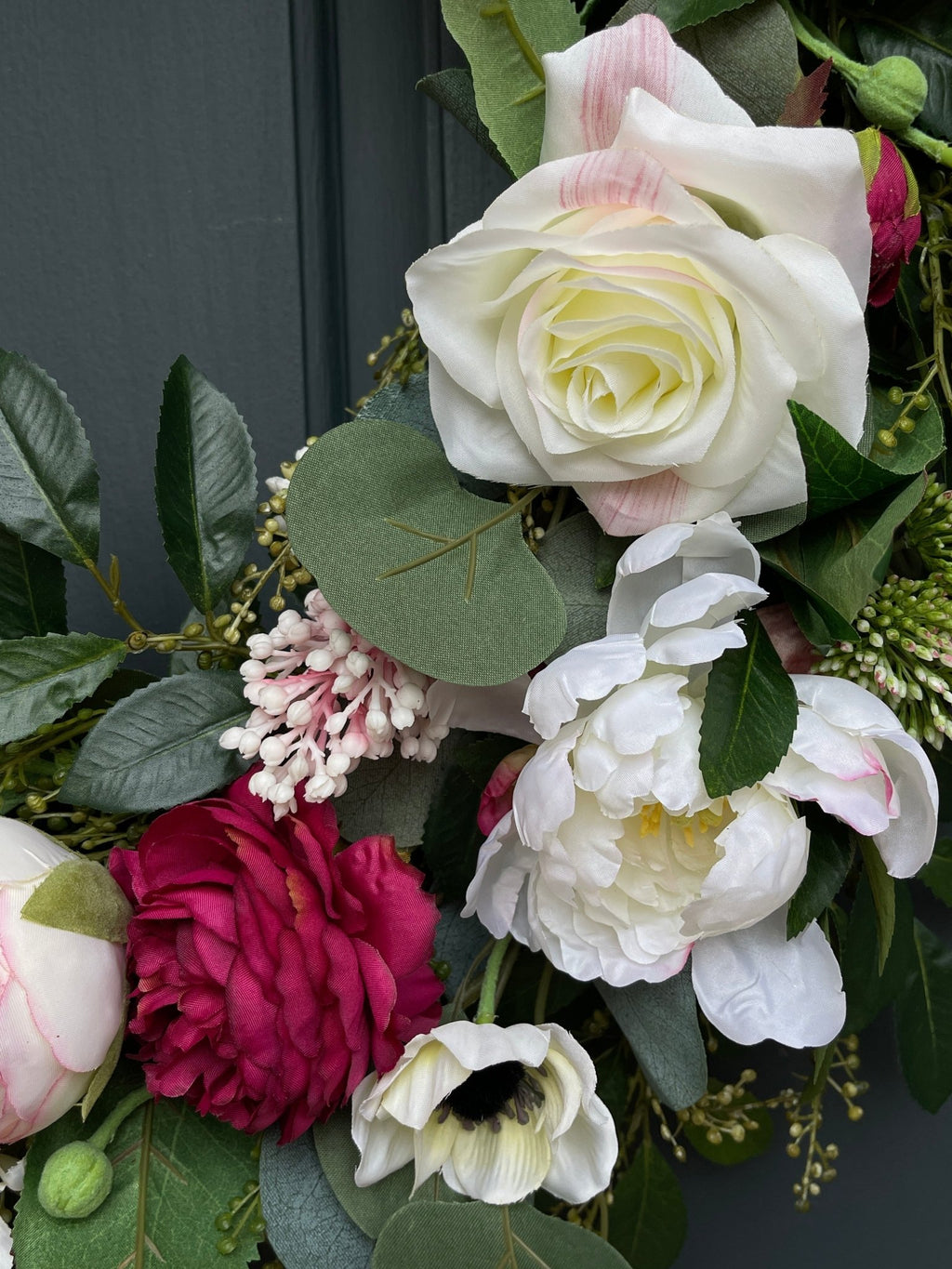 Pink Peony Wreath with Cream Roses & Eucalyptus - Che Cose Belle