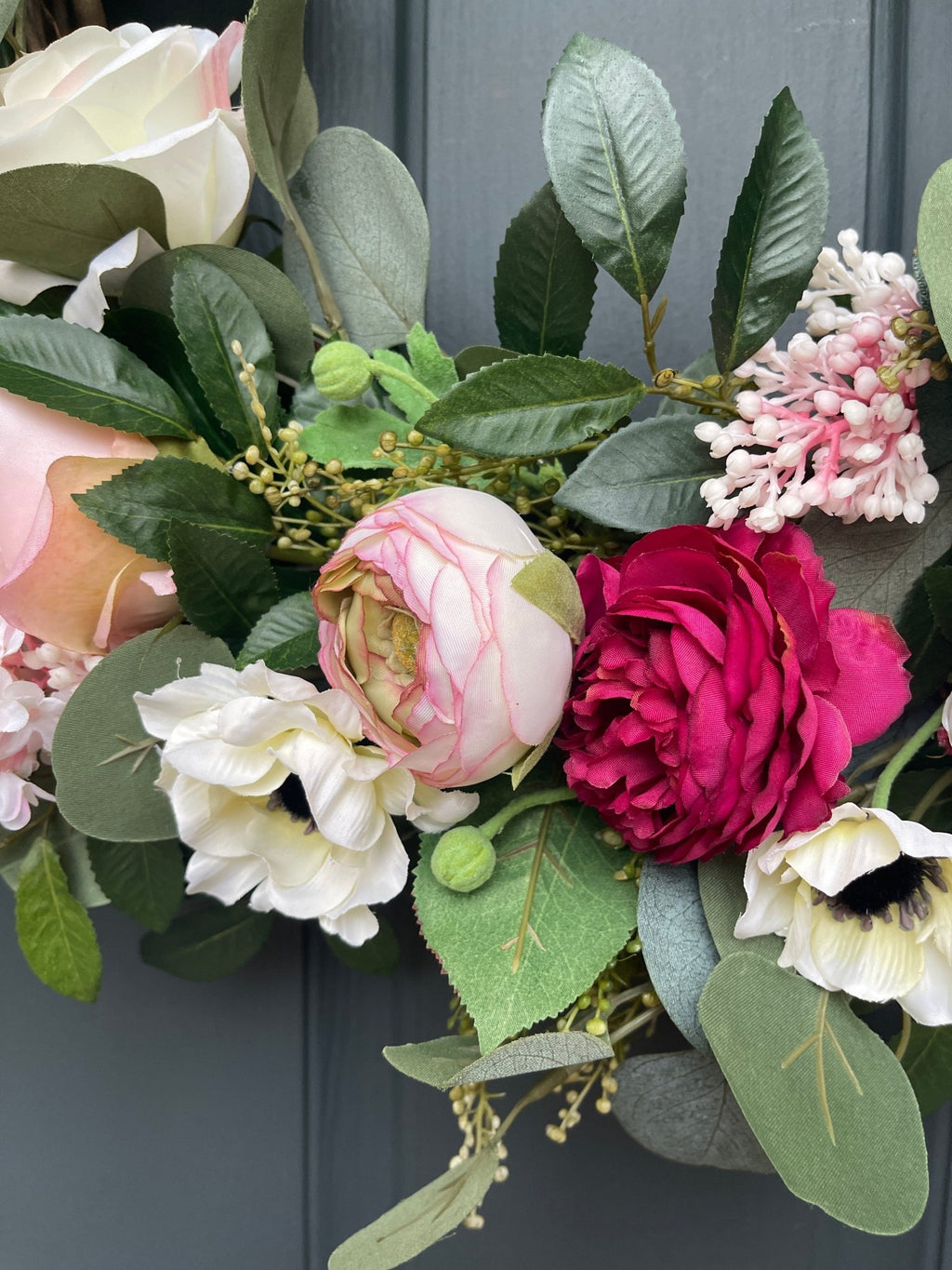 Pink Peony Wreath with Cream Roses & Eucalyptus - Che Cose Belle