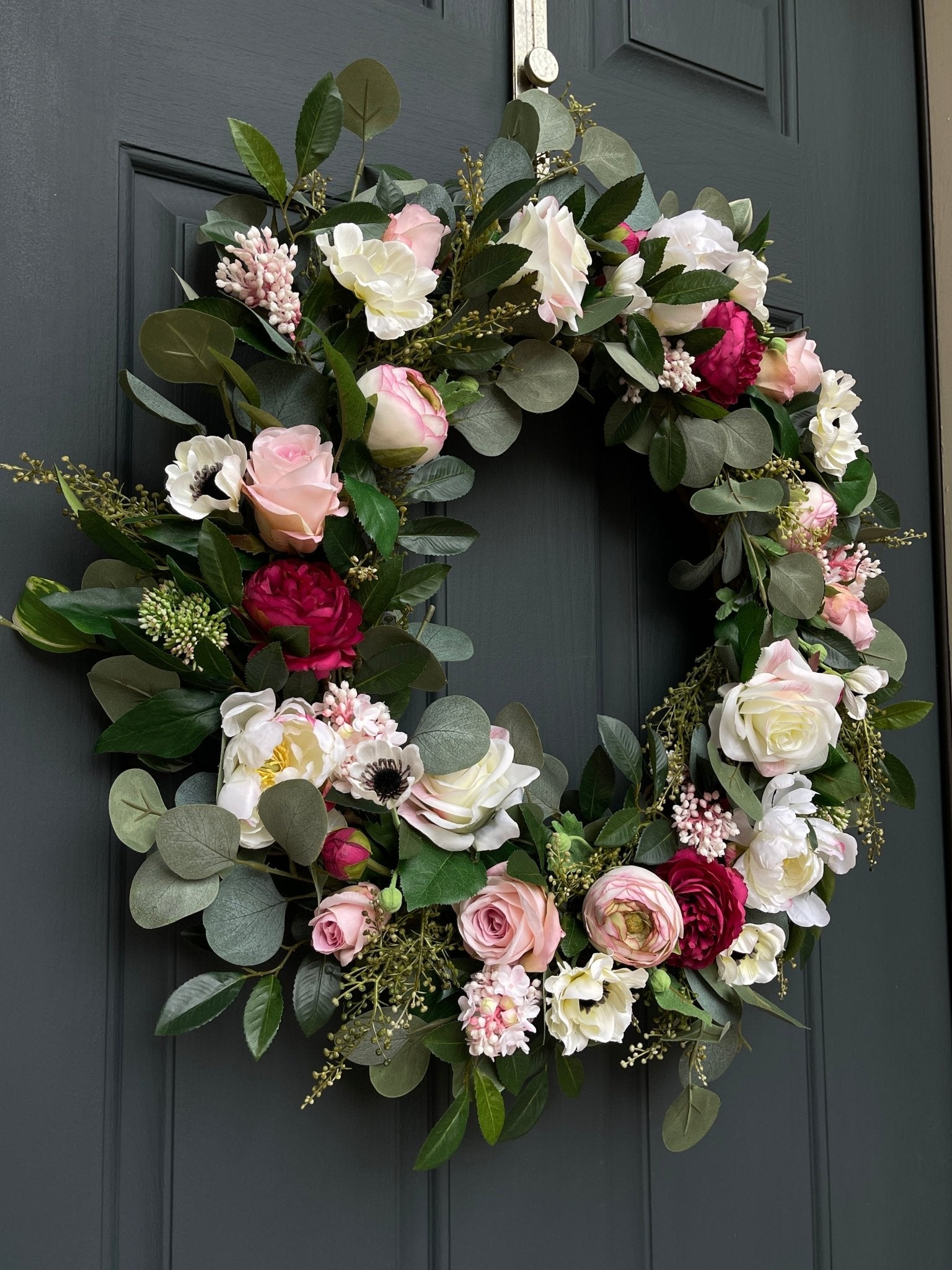 Pink Peony Wreath with Cream Roses & Eucalyptus - Che Cose Belle