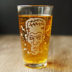 Frankenstein Pint Glass - etched Halloween beer glassware