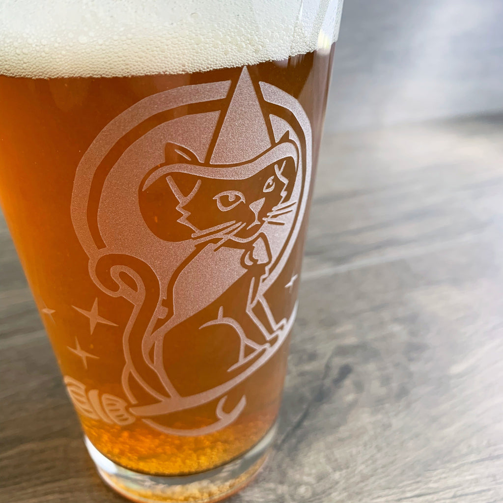 Witch Cat Pint Glass - etched Halloween glassware
