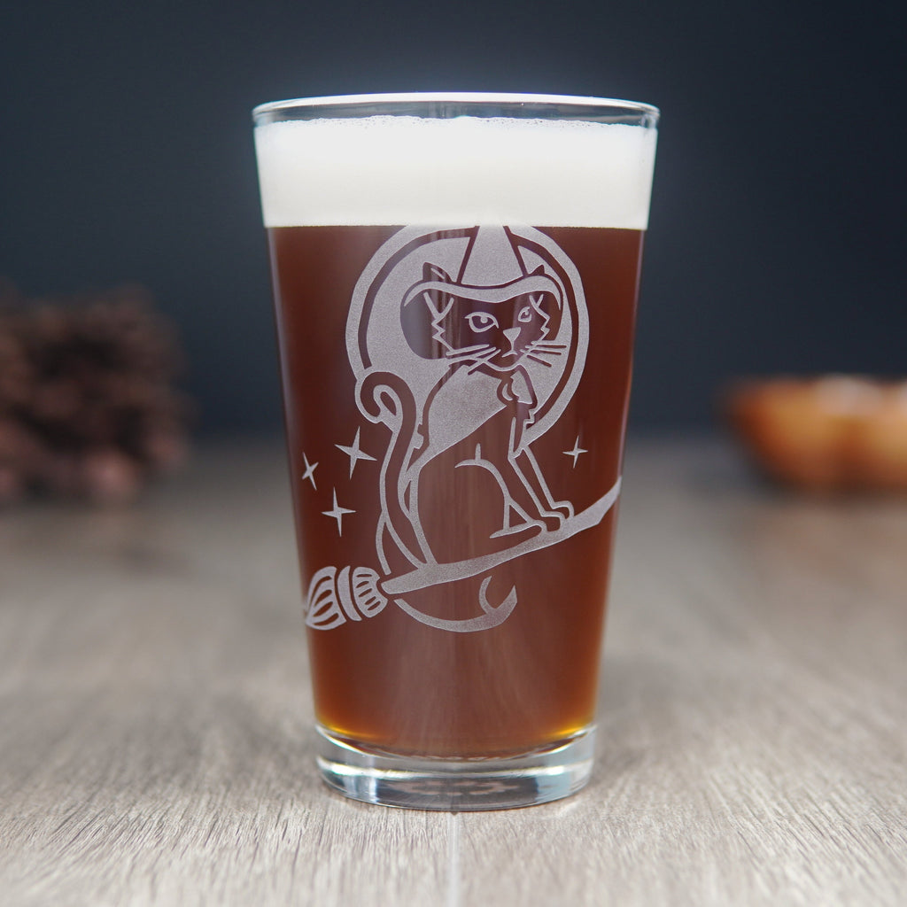 Witch Cat Pint Glass - etched Halloween glassware