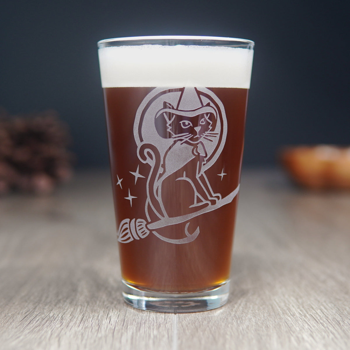 Witch Cat Pint Glass - etched Halloween glassware