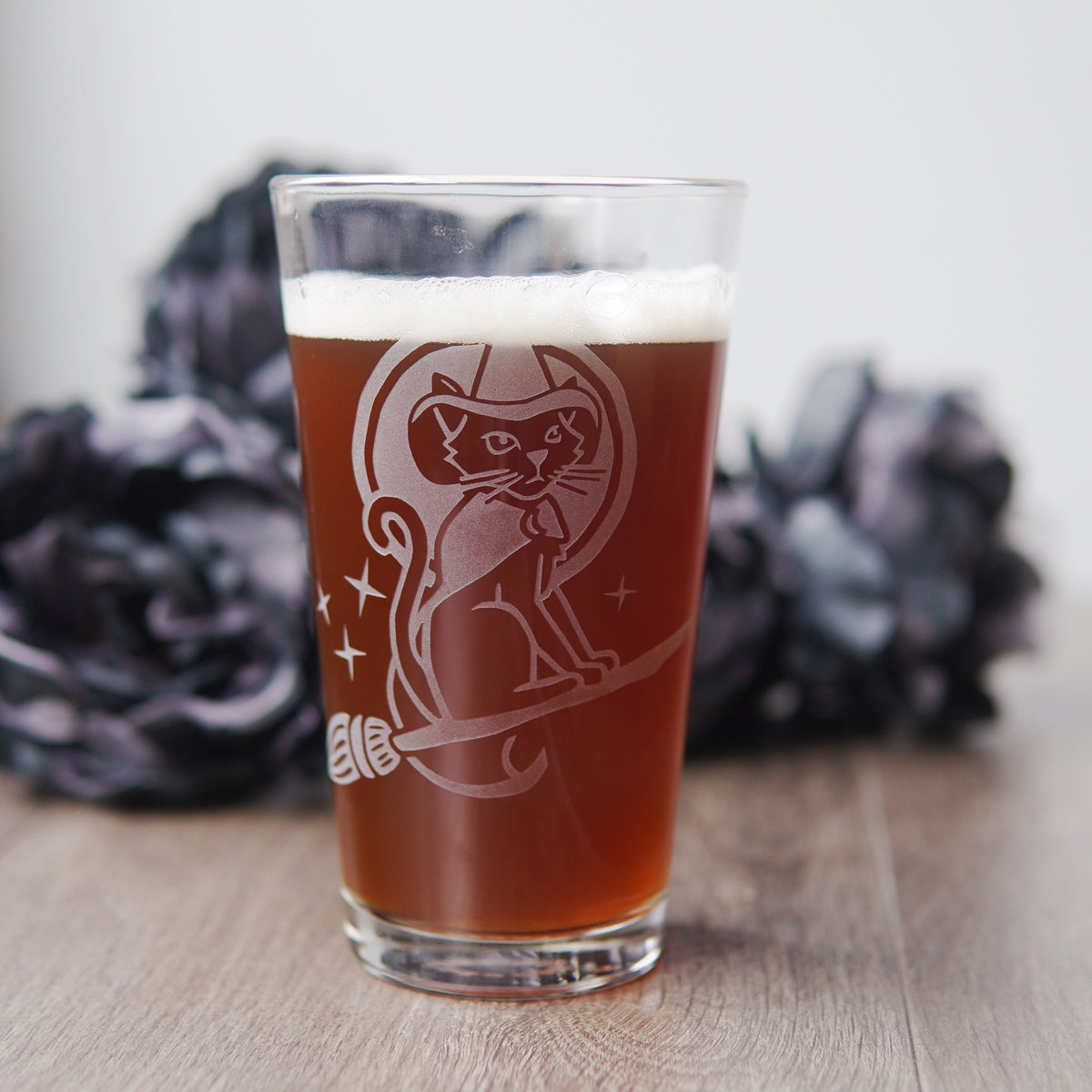 Witch Cat Pint Glass - etched Halloween glassware