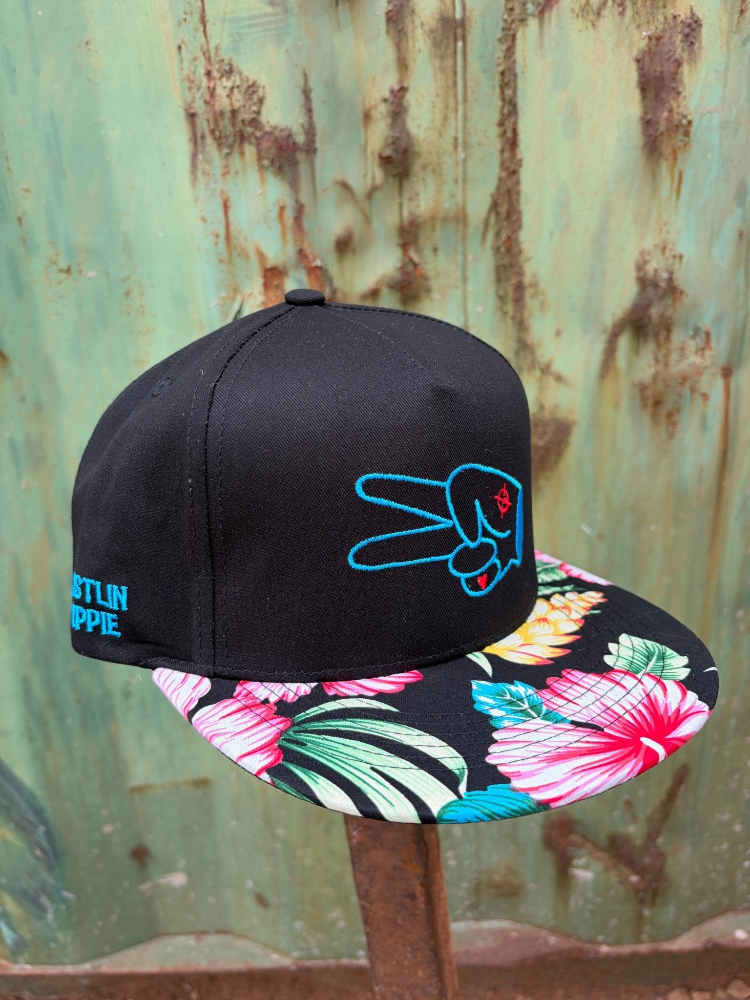PL Series 5 Panel Snapback Hat - BLACK/FLOWER - BLUE LOGO w/ BOLD style - Che Cose Belle