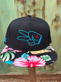 PL Series 5 Panel Snapback Hat - BLACK/FLOWER - BLUE LOGO w/ BOLD style - Che Cose Belle