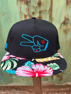 PL Series 5 Panel Snapback Hat - BLACK/FLOWER - BLUE LOGO w/ BOLD style - Che Cose Belle