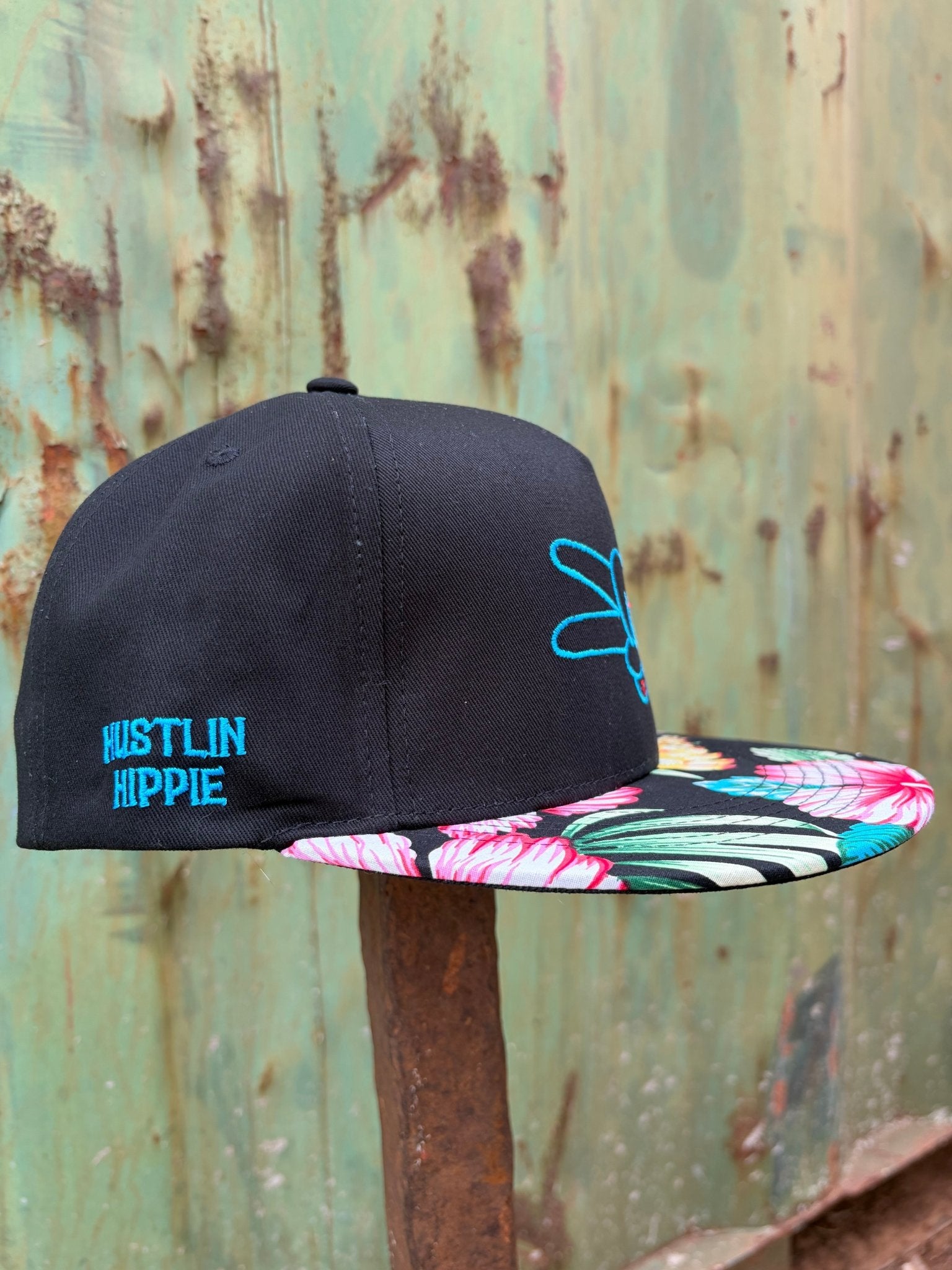 PL Series 5 Panel Snapback Hat - BLACK/FLOWER - BLUE LOGO w/ BOLD style - Che Cose Belle