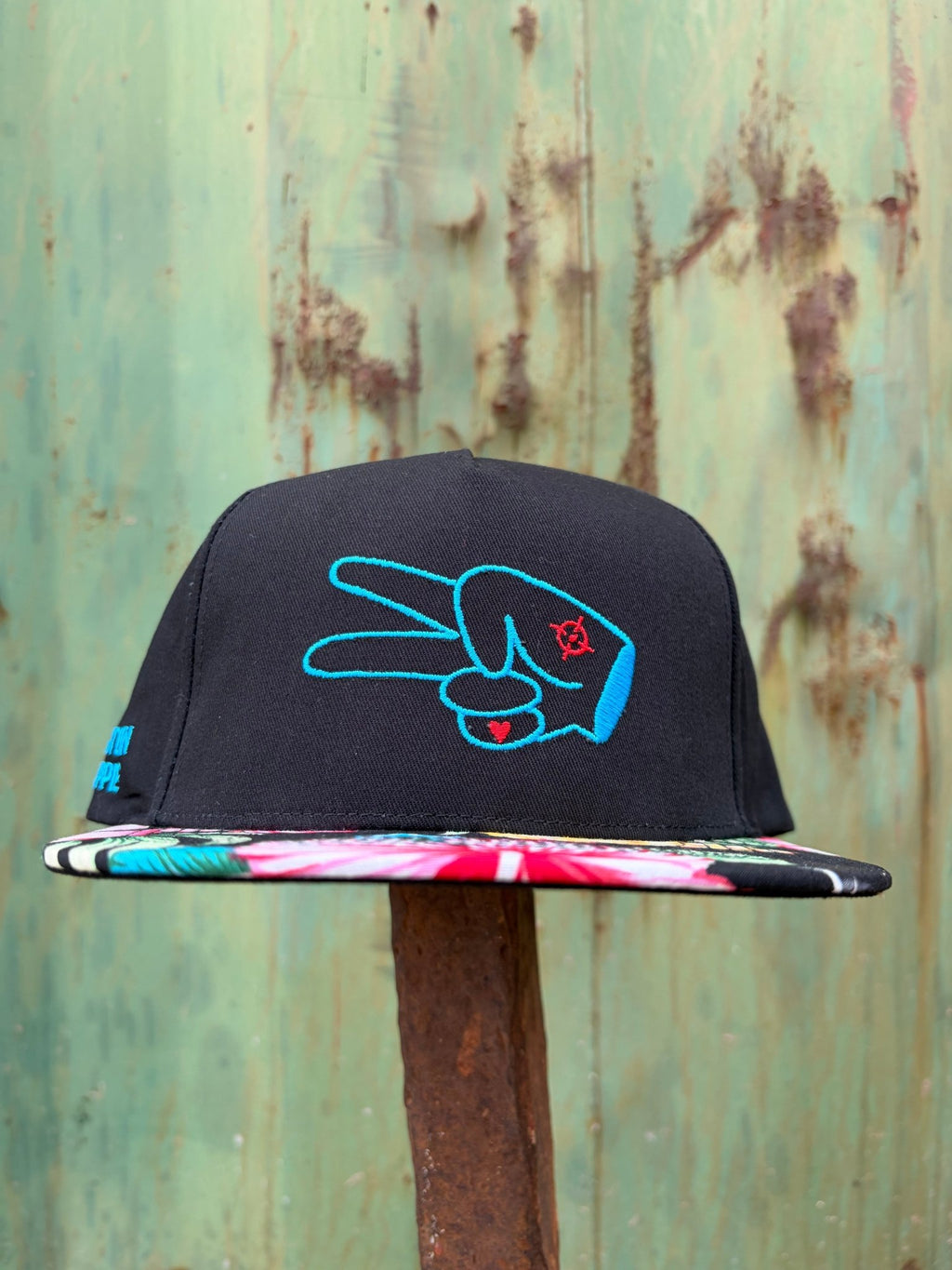PL Series 5 Panel Snapback Hat - BLACK/FLOWER - BLUE LOGO w/ BOLD style - Che Cose Belle