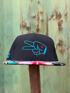PL Series 5 Panel Snapback Hat - BLACK/FLOWER - BLUE LOGO w/ BOLD style - Che Cose Belle