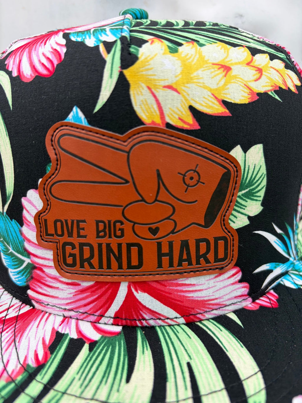 PL Series 5 Panel Snapback Hat - FLORAL - “Love Big, Grind Hard” Patch - Che Cose Belle