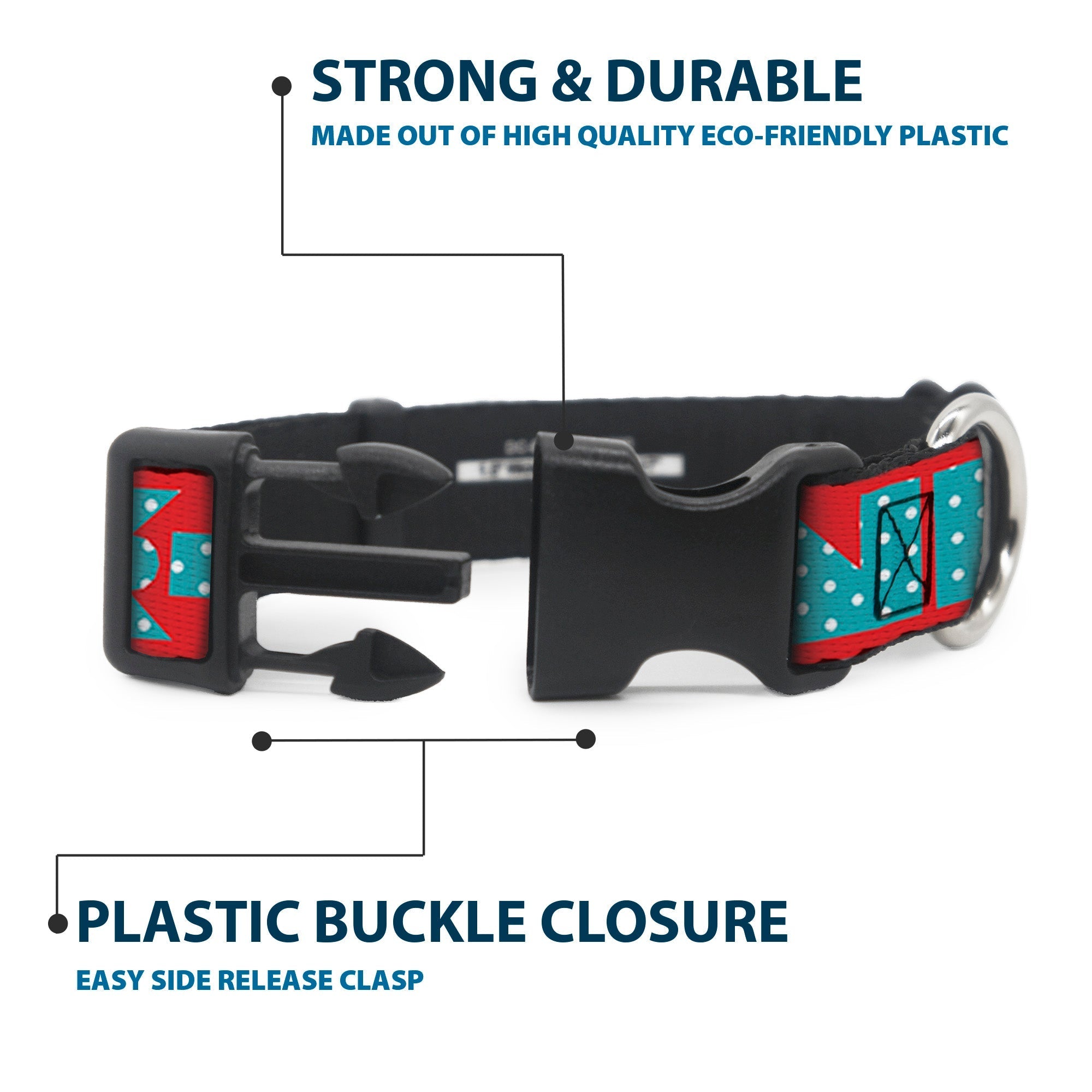 Plastic Clip Collar - BUCKLE - DOWN Shapes Red/Dot Turquoise/White - Che Cose Belle