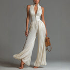 Pleated Wide-Leg Jumpsuit for Women – Sleeveless High-Waist Minimalist Long Jumpsuit - Che Cose Belle