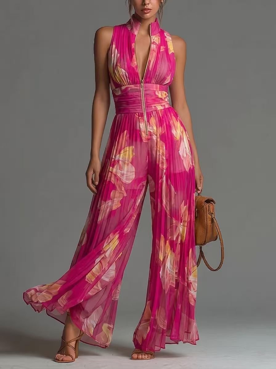 Pleated Wide-Leg Jumpsuit for Women – Sleeveless High-Waist Minimalist Long Jumpsuit - Che Cose Belle