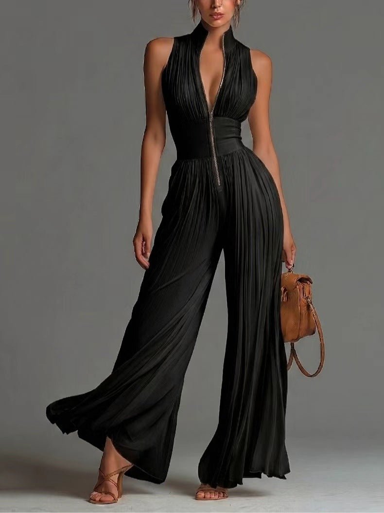 Pleated Wide-Leg Jumpsuit for Women – Sleeveless High-Waist Minimalist Long Jumpsuit - Che Cose Belle
