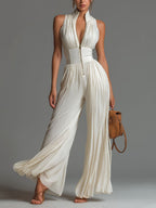 Pleated Wide-Leg Jumpsuit for Women – Sleeveless High-Waist Minimalist Long Jumpsuit - Che Cose Belle