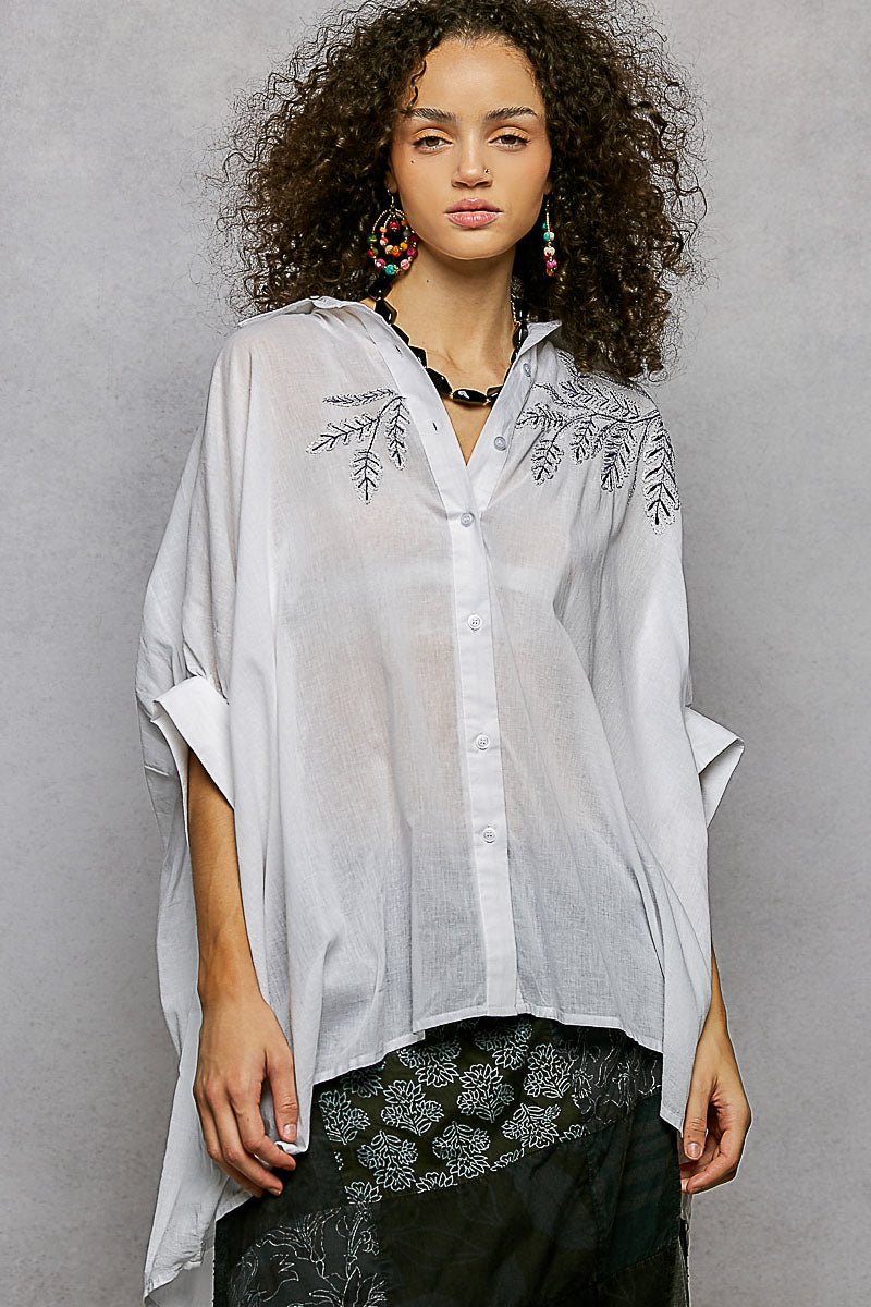 POL Button Down Embroidered Floral High-Low Hem Shirt - Che Cose Belle