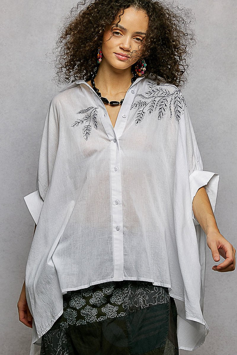 POL Button Down Embroidered Floral High-Low Hem Shirt - Che Cose Belle