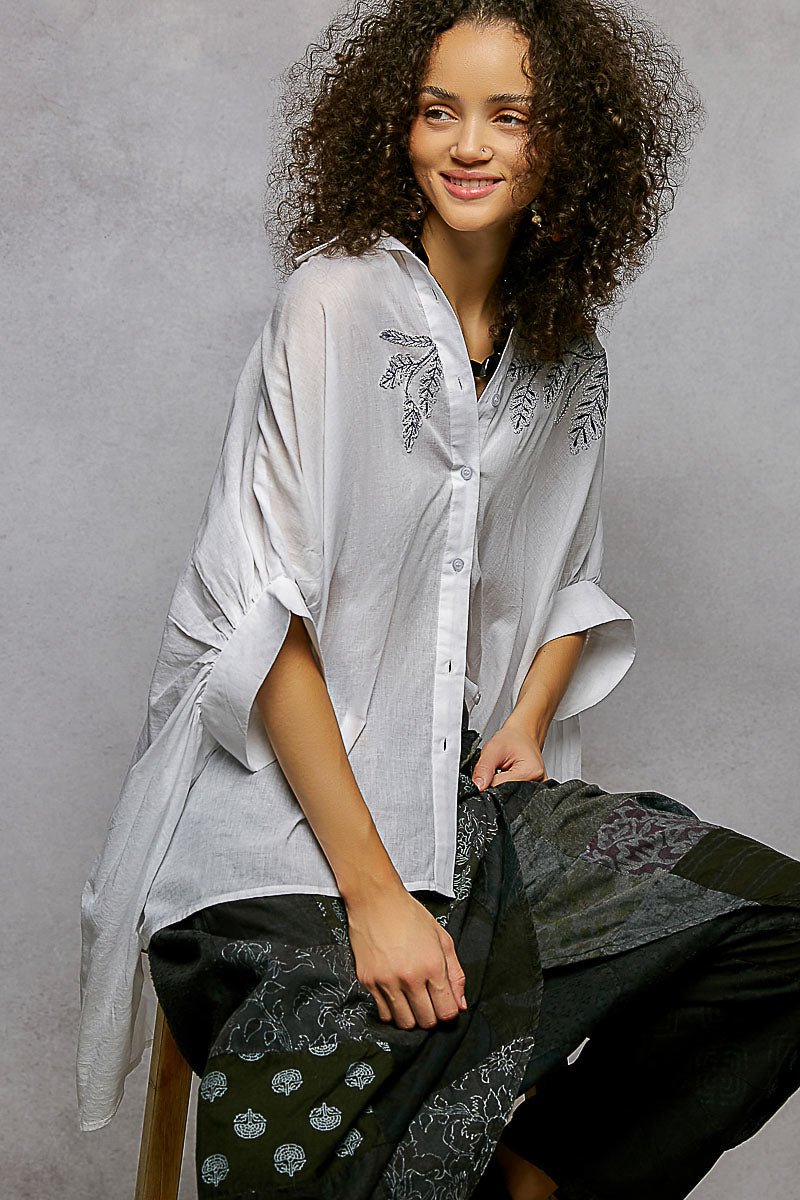 POL Button Down Embroidered Floral High-Low Hem Shirt - Che Cose Belle