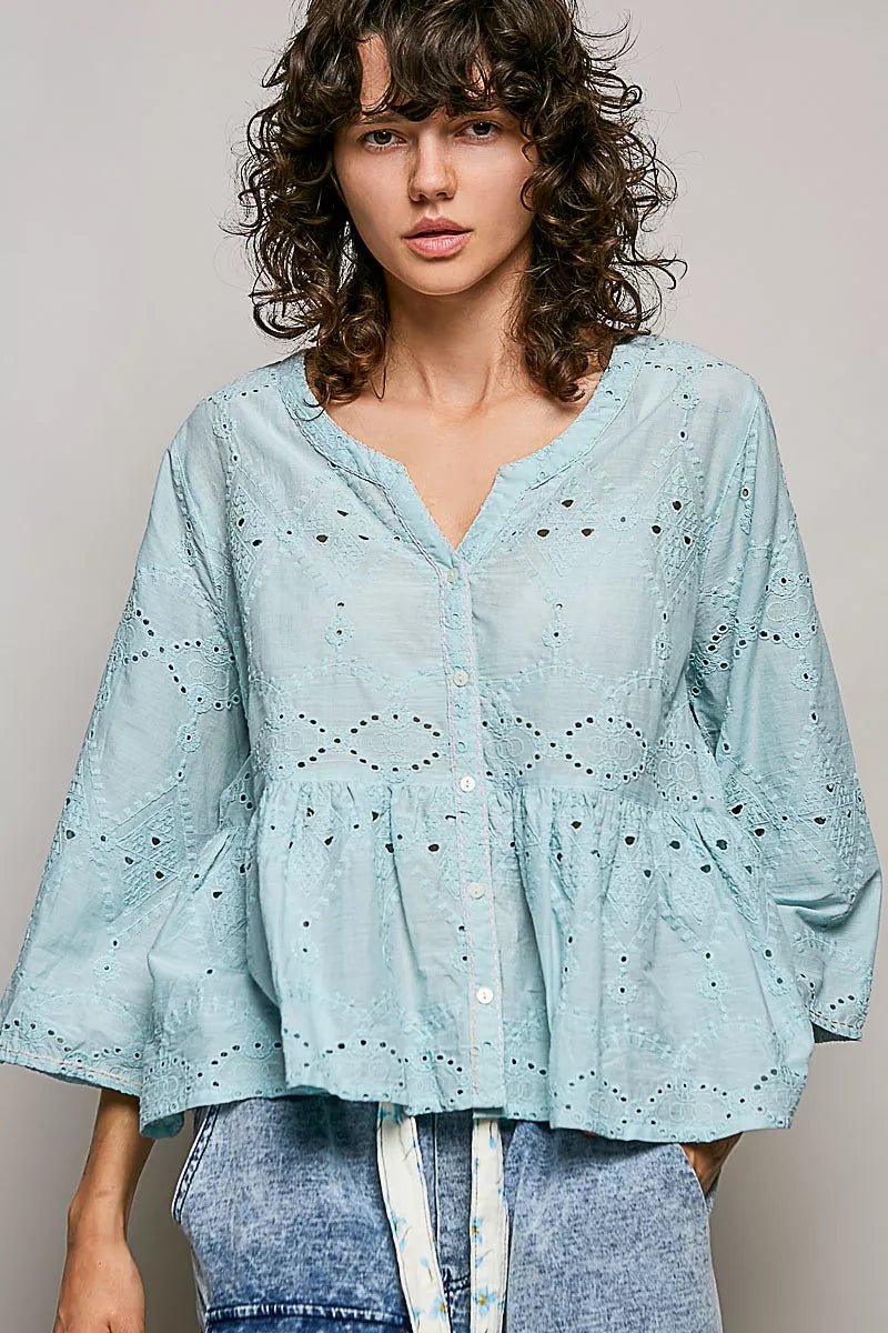 POL Eyelet Embroidery Peplum Button Front Cotton Shirt - Che Cose Belle