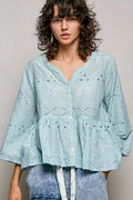 POL Eyelet Embroidery Peplum Button Front Cotton Shirt - Che Cose Belle