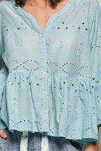 POL Eyelet Embroidery Peplum Button Front Cotton Shirt - Che Cose Belle