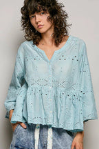 POL Eyelet Embroidery Peplum Button Front Cotton Shirt - Che Cose Belle