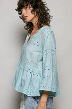 POL Eyelet Embroidery Peplum Button Front Cotton Shirt - Che Cose Belle