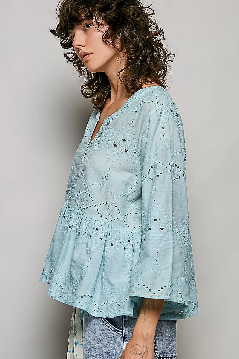 POL Eyelet Embroidery Peplum Button Front Cotton Shirt - Che Cose Belle