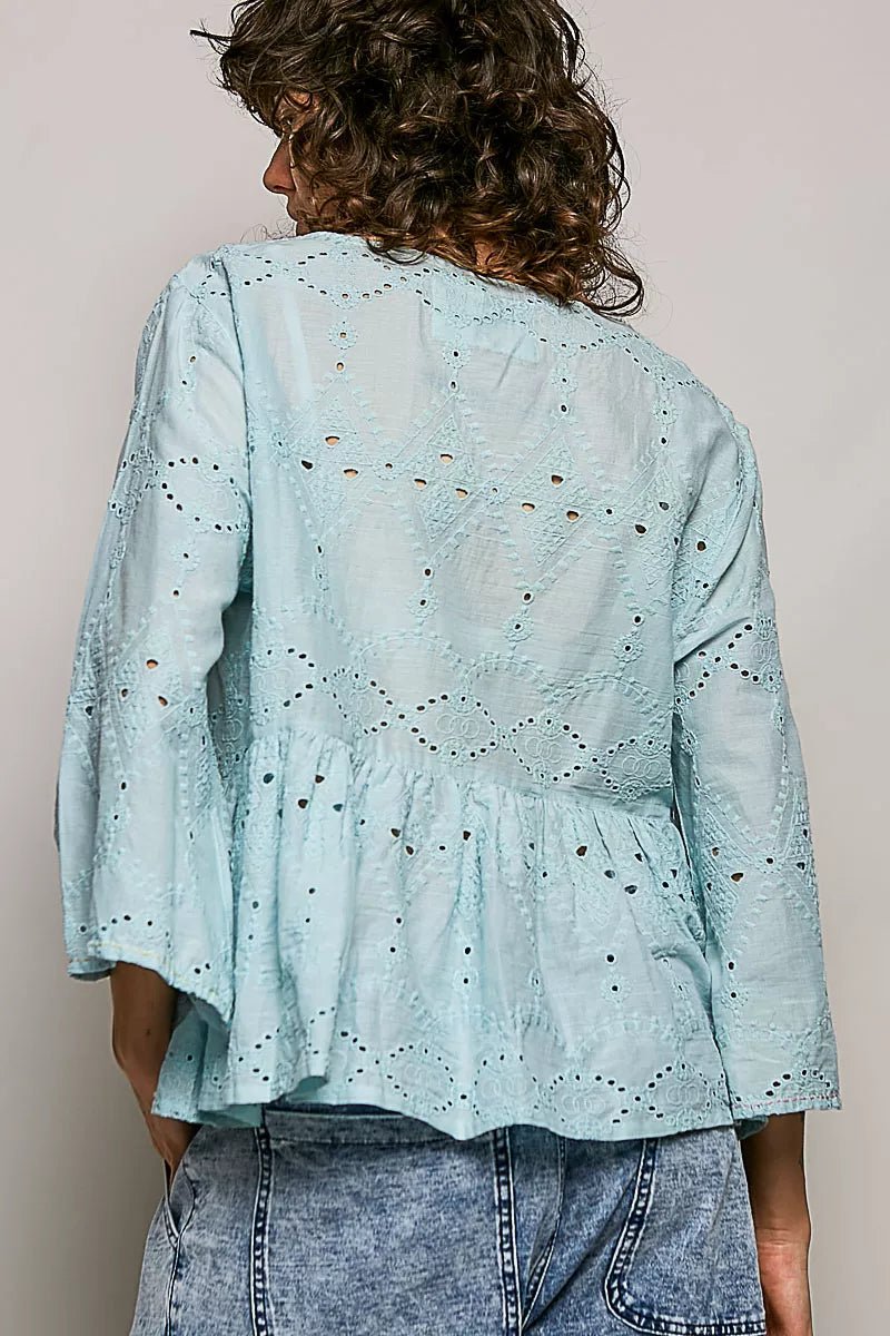 POL Eyelet Embroidery Peplum Button Front Cotton Shirt - Che Cose Belle