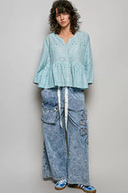 POL Eyelet Embroidery Peplum Button Front Cotton Shirt - Che Cose Belle