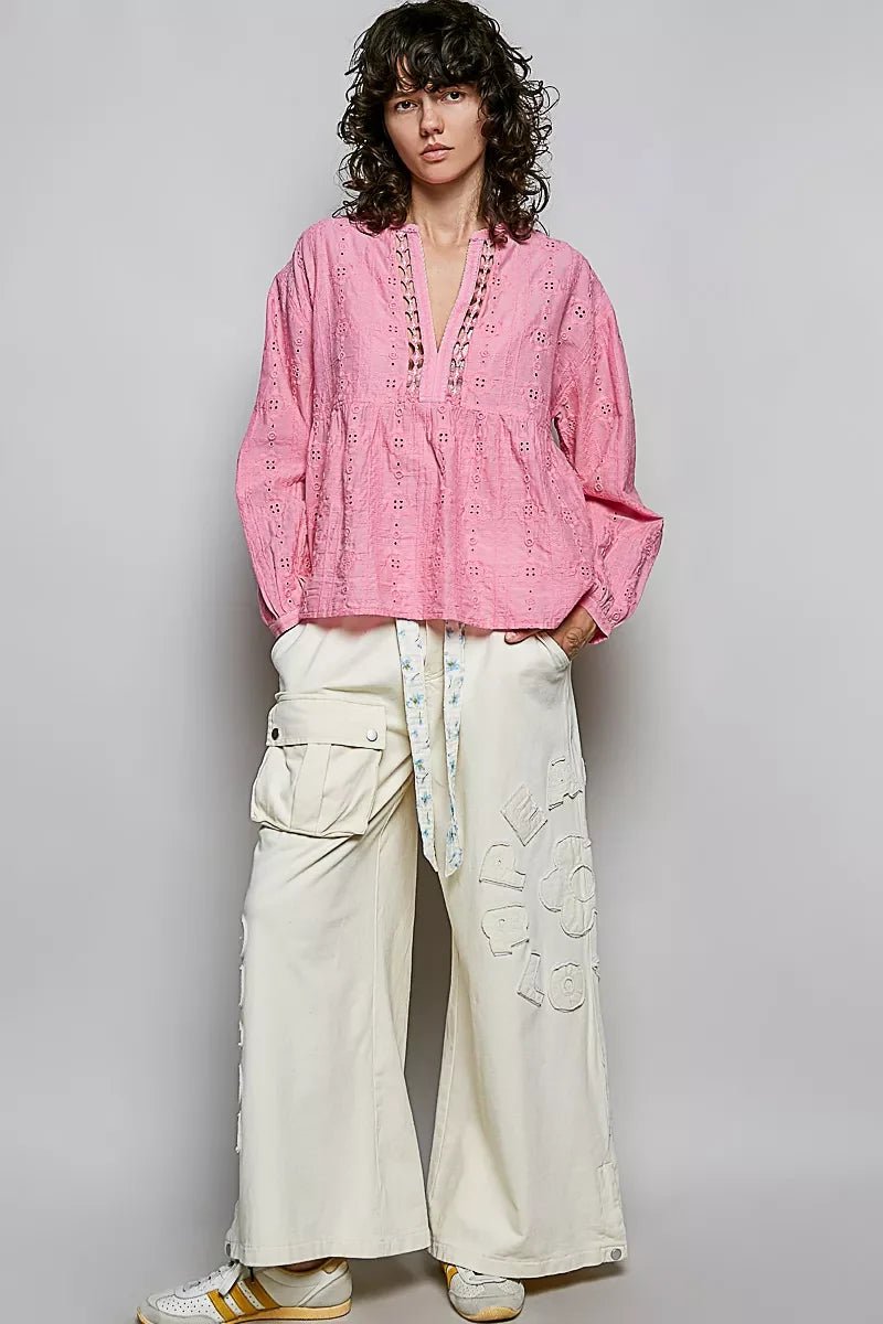 POL Eyelet Lace Split Neck Gathered Empire Waist Cotton Blouse - Che Cose Belle