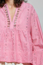 POL Eyelet Lace Split Neck Gathered Empire Waist Cotton Blouse - Che Cose Belle