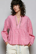 POL Eyelet Lace Split Neck Gathered Empire Waist Cotton Blouse - Che Cose Belle